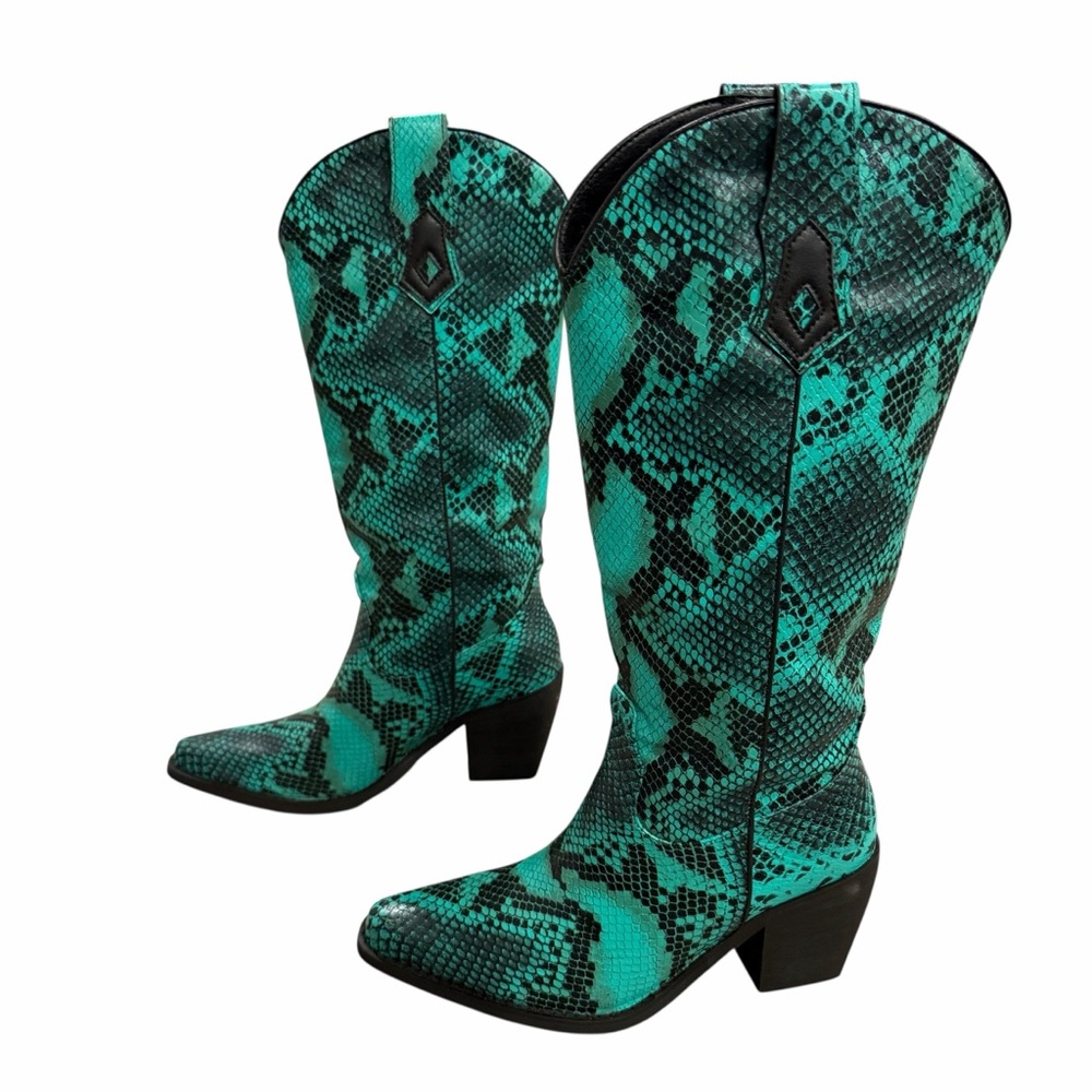 NIB Wetkiss Boots THE SHEILA Green & Black Snakeskin Snip Toe Western Boots - 7 - Picture 6 of 15